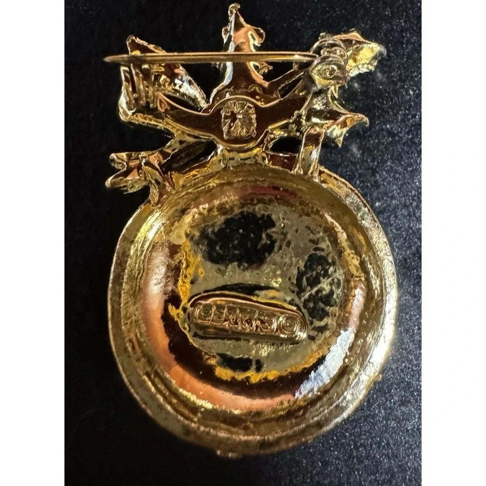 Vintage Gerry's Christmas Ornament Brooch Gold Tone Holiday Bauble Holly Bow Red